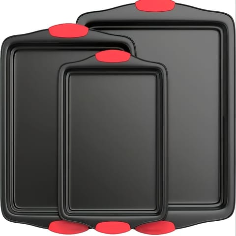 3pcs Carbon Steel Non-Stick Oven Bakeware Set with Red Silicone Handles Commercial-Grade